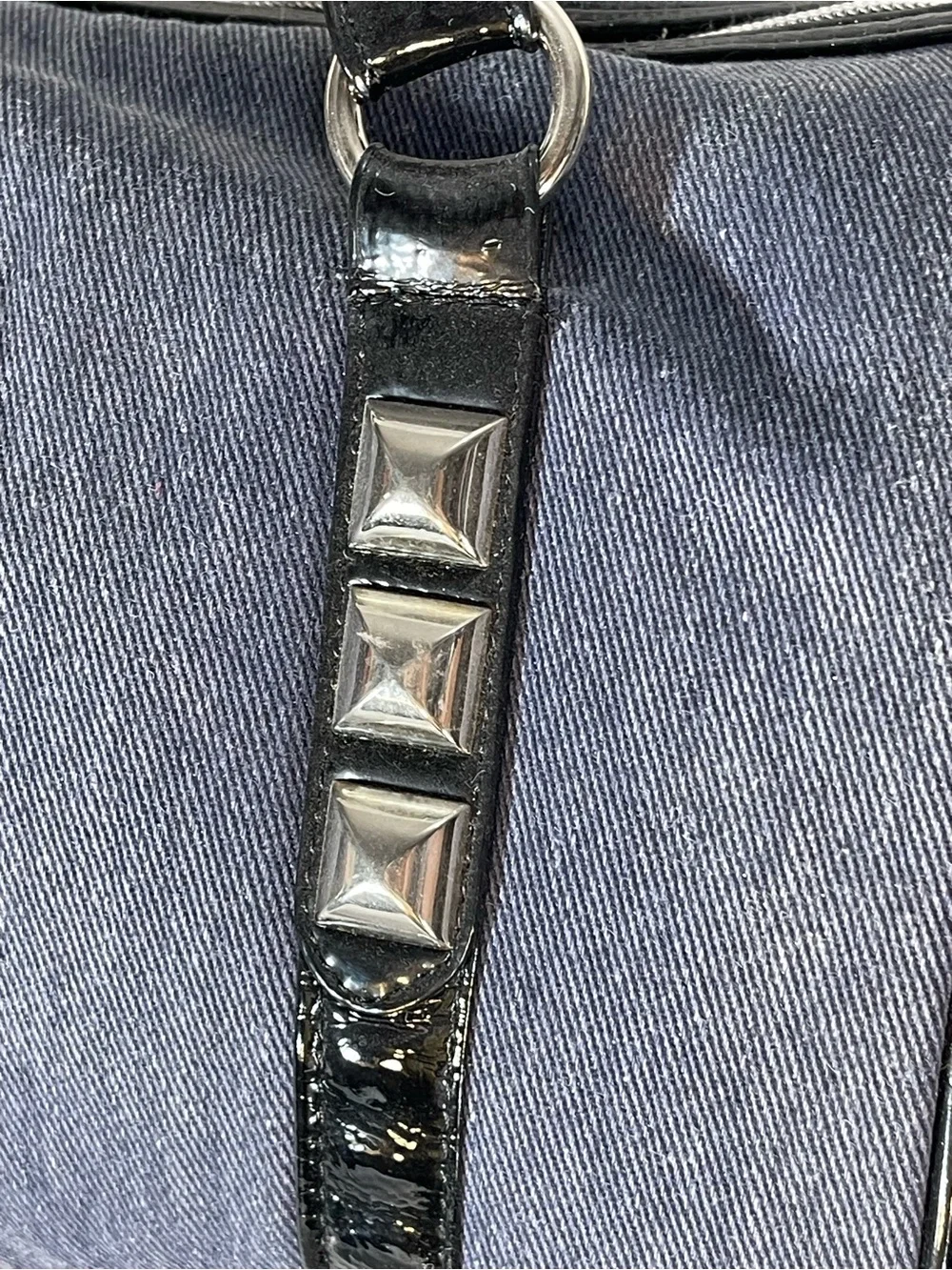BetseyJohnson Studded Denim Barrel Bag with Patent Trim
